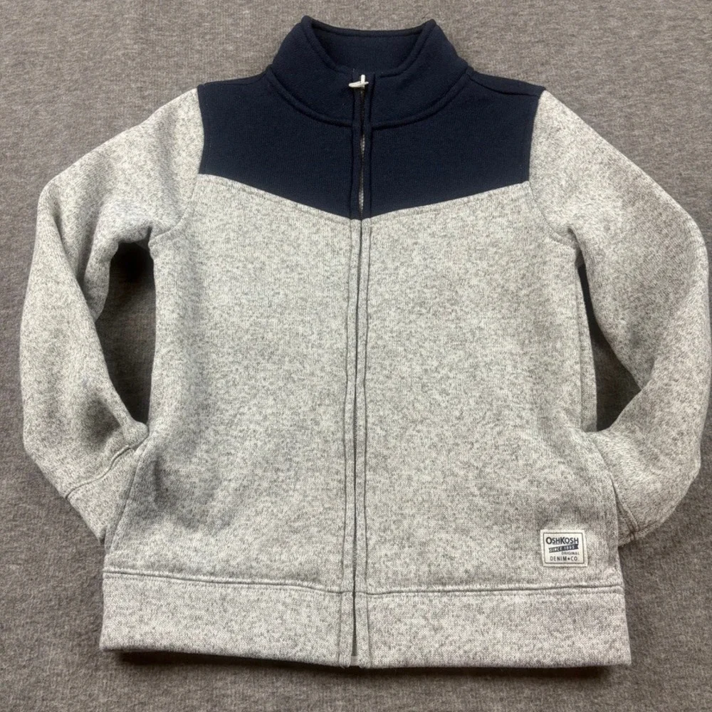 OshKosh B'gosh Fleece Jacket Boys 10 Heather Gray‎ & Blue Pockets Corpore Warm
